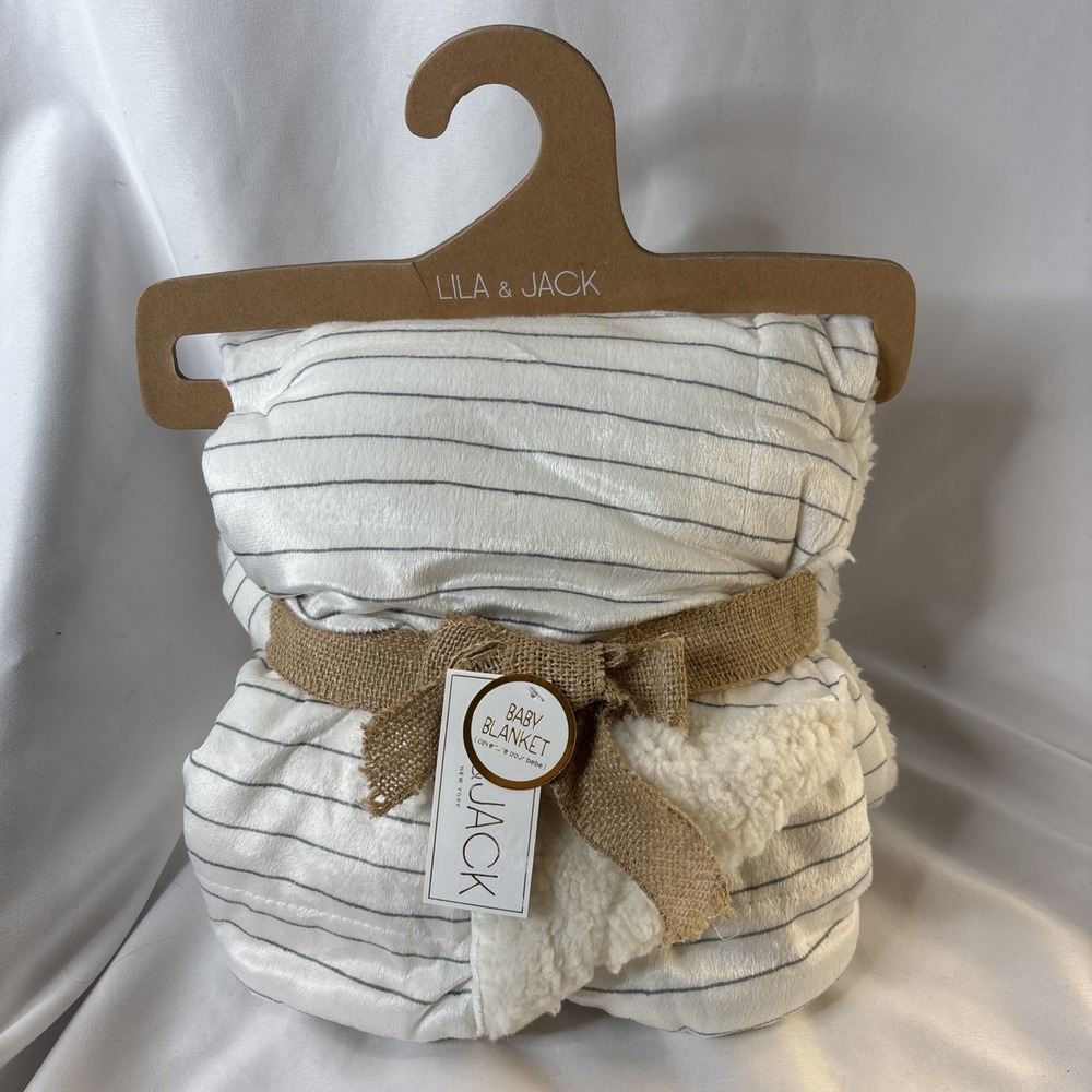 Lila & Jack Baby Blanket Gray Stripe Reversible to White Sherpa 30x40" NEW